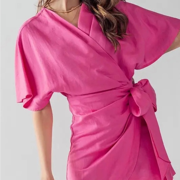 Aaron & Amber Boutique Pink Wrap Dress NWT Linen Large boutique Summer $69 - Picture 8 of 8